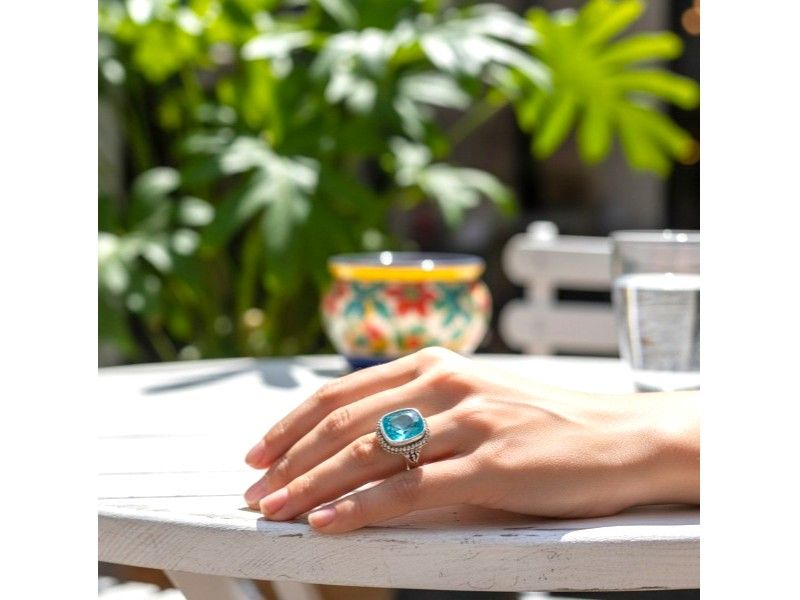 Bague coloris argent avec sa pierre bleue