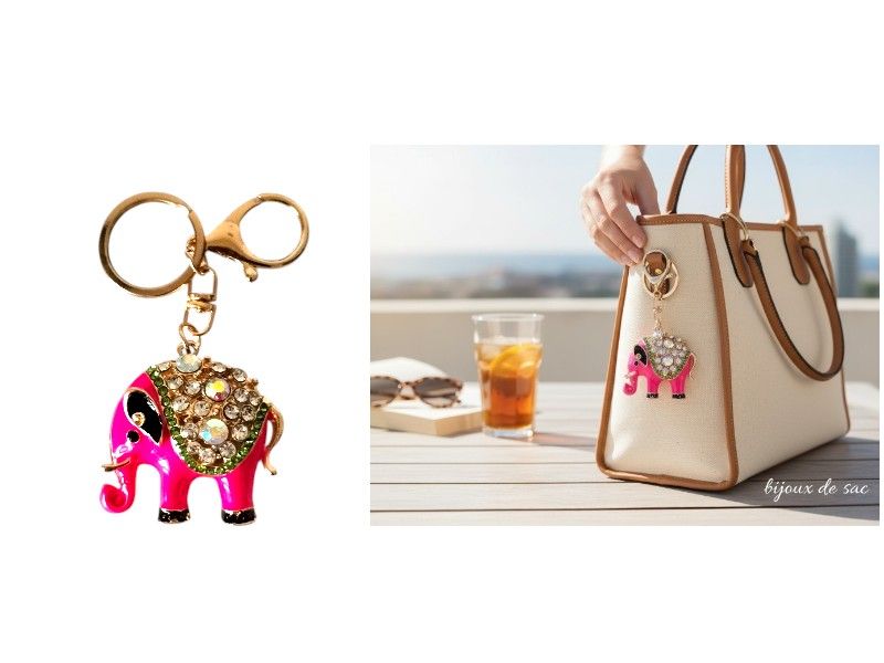 Porte clés bijou de sac Eléphant émaillé rose avec pierres et strass