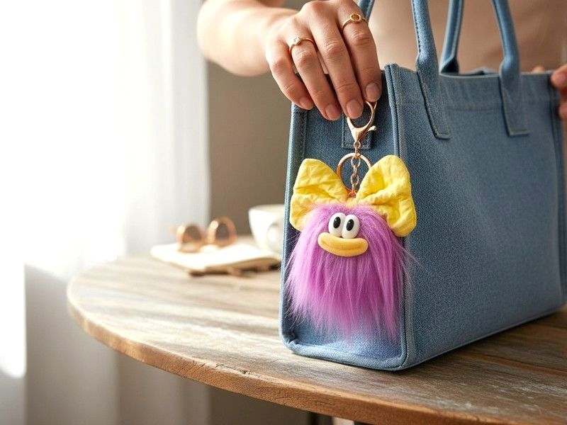 Porte clés bijou de sac peluche Poopy's violet avec son nœud jaune