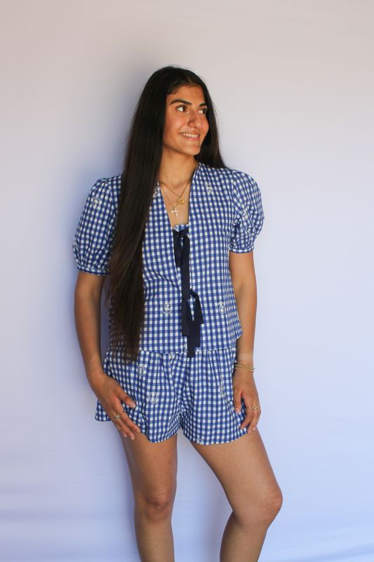 GINGHAM EMBROIDERED TIE FRONT TOP