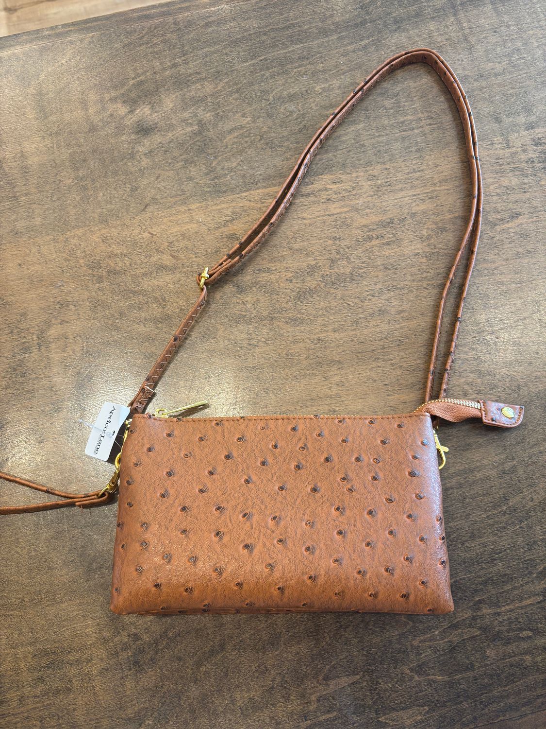 OSTRICH CROSSBODY OR WRISTLET CAMEL