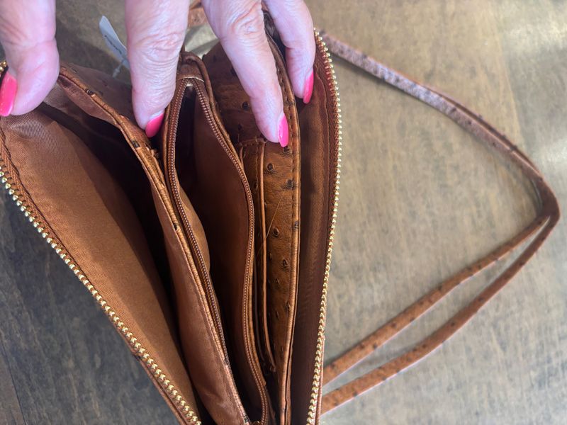 OSTRICH CROSSBODY OR WRISTLET CAMEL