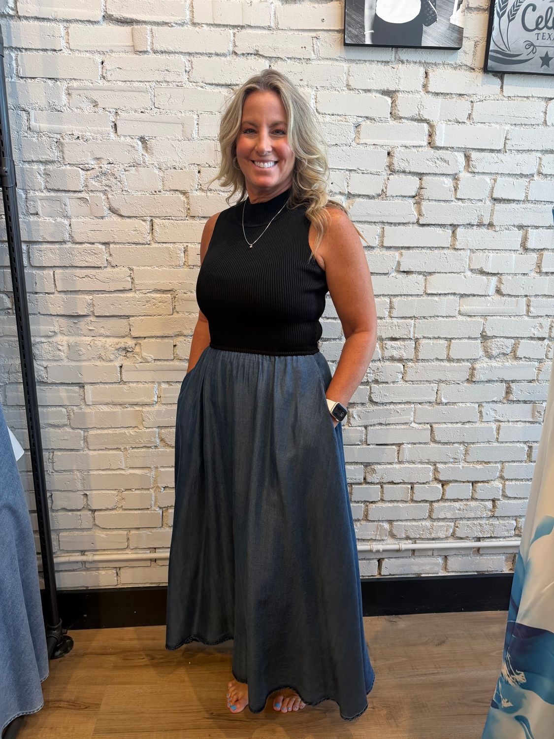 MOCK NECK DENIM COMBO MAXI DRESS