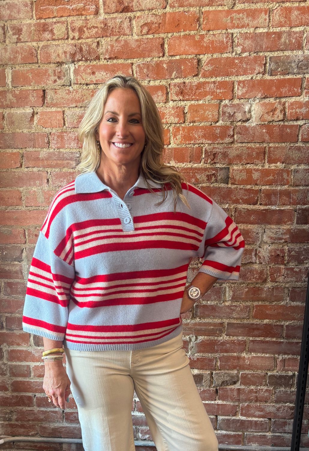 COLLARED STRIPED S/S SWEATER