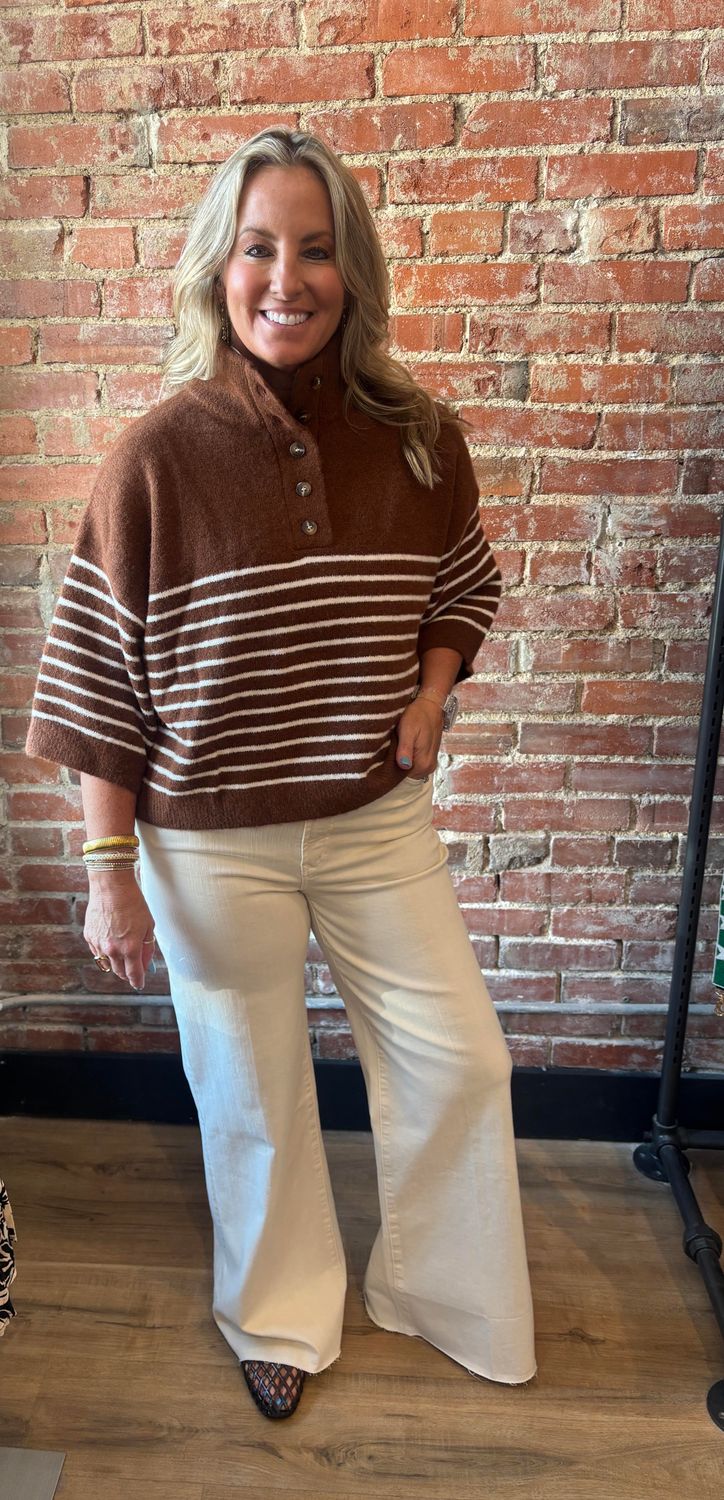 STRIPED BUTTON S/S SWEATER
