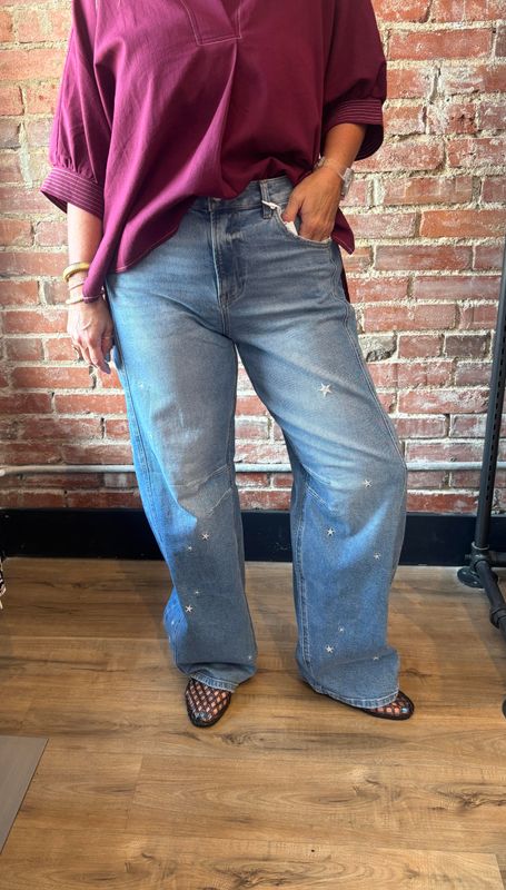SLOUCHY EMBROIDERED STAR BARREL JEANS