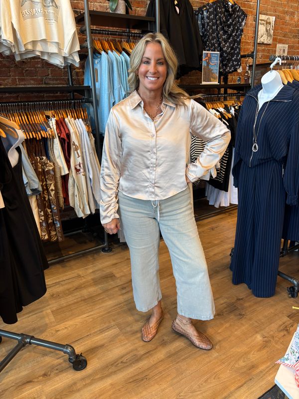 SATIN RUCHED SLEEVE BUTTON DOWN TOP