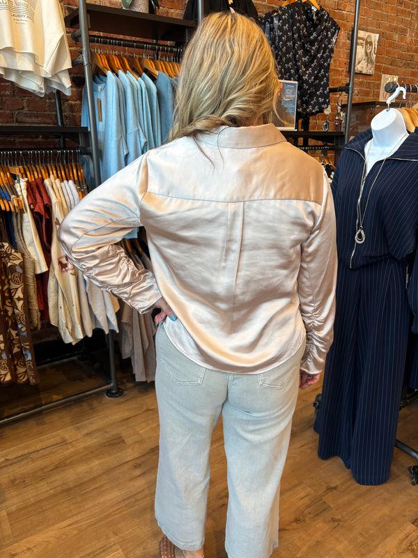 SATIN RUCHED SLEEVE BUTTON DOWN TOP