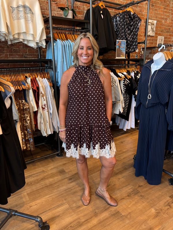 POLKA DOT HALTER W/LACE DETAIL DRESS