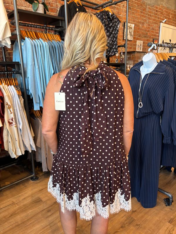 POLKA DOT HALTER W/LACE DETAIL DRESS