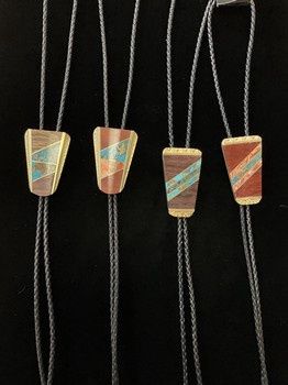 L&M Brass Bolo Tie Wood Stone Inlay