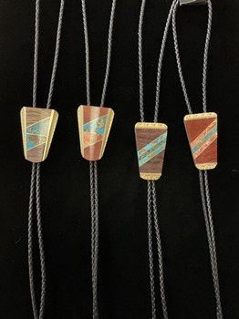 L&M Brass Bolo Tie Wood Stone Inlay, Size: L