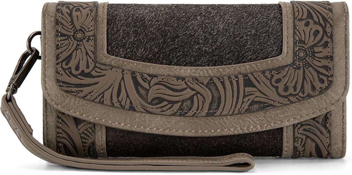 MW1360-W018 Hair-On Hide Tooled Wristlet, Color: Coffee