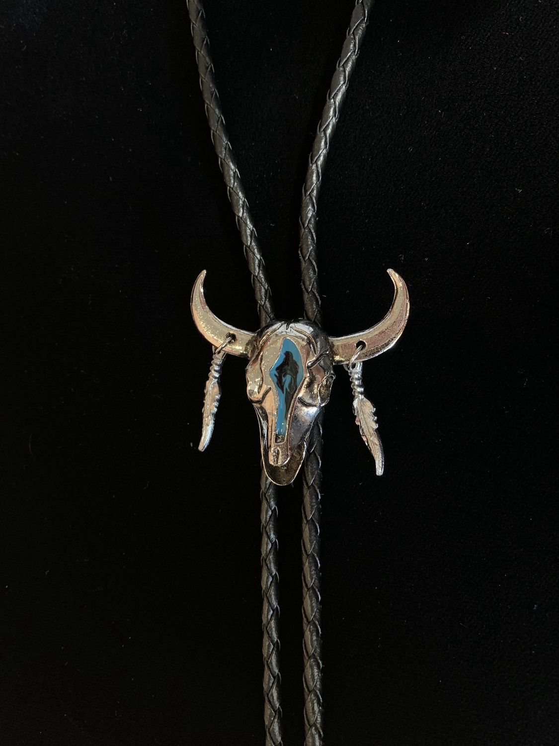 1154 Steer Skull with Feathers Bolo Tie 1154 Steer Skull with Feathers Bolo Tie