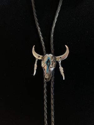 1154 Steer Skull with Feathers Bolo Tie