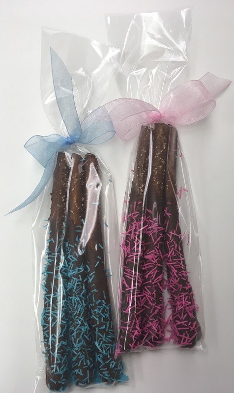 Chocolate Dipped Pretzel Rods Pink or Blue.  3 in a Bag.