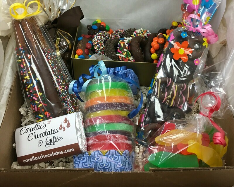 Large Care Package. Great for Students or Anyone! Includes: Fruit Slices, 3 Ring Gourmet Pretzels, Choc Cov'd Peanuts, Mini Pretzels, Pretzel Rods and Swedish Fish.