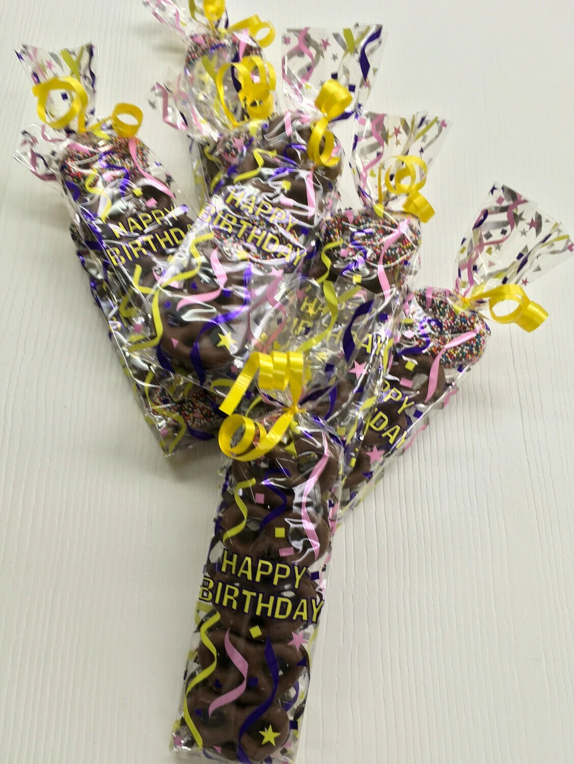 Mini Pretzel Happy Birthday Bag. 8 Milk Chocolate Mini Pretzels and 2 Milk Chocolate with Nonpareils.