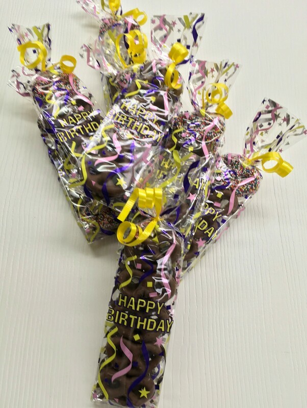 Mini Pretzel Happy Birthday Bag. 8 Milk Chocolate Mini Pretzels and 2 Milk Chocolate with Nonpareils.