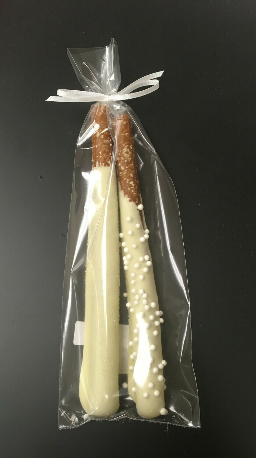 2 Pretzel Rods bagged and Bowed in white chocolate