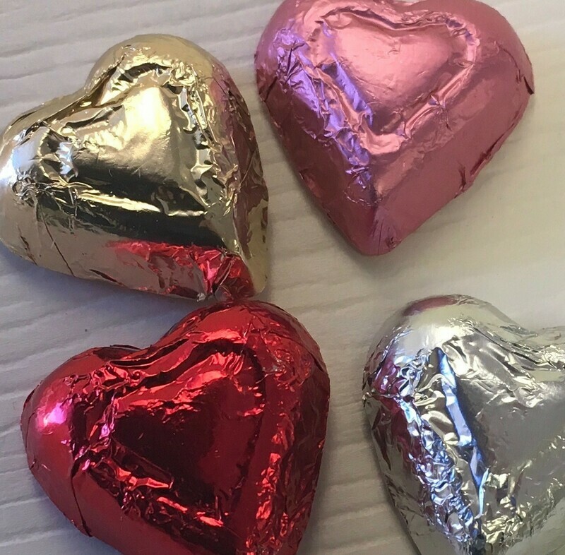 One Pound of Milk Chocolate Foiled Hearts assorted Colors.