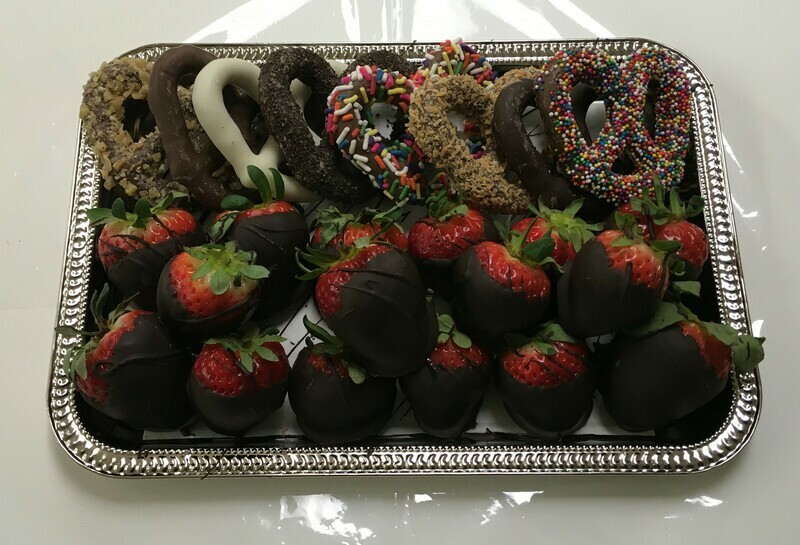 Tray with One Pound of Chocolate Covered Strawberries and a half pound of 3 Ring Gourmet Pretzels