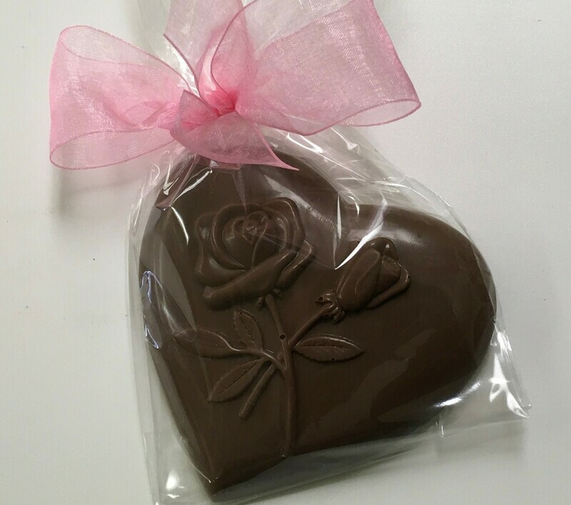 Milk or Dark Chocolate Heart with Rose.  Choice of Ribbon Color.