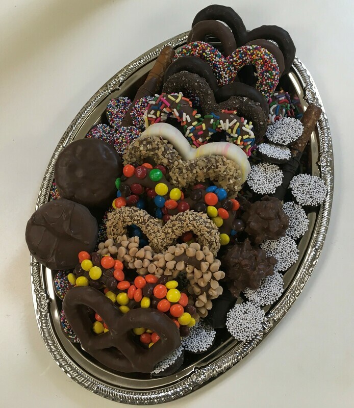 Oreos, Gourmet Pretzels and Nonpariels Tray with notecard.
