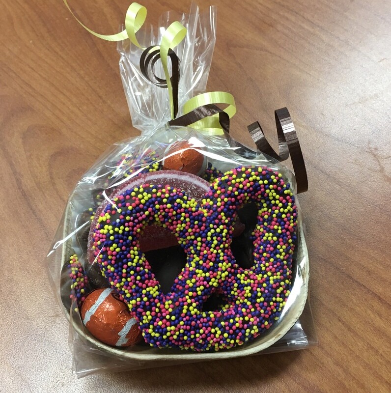 Small Chocolate Tray.  Gourmet Pretzel, Chocolates and Foiled Wrapped Chocolates.  Choose your Foils. Tag can be created for extra charge of 40 cents each.