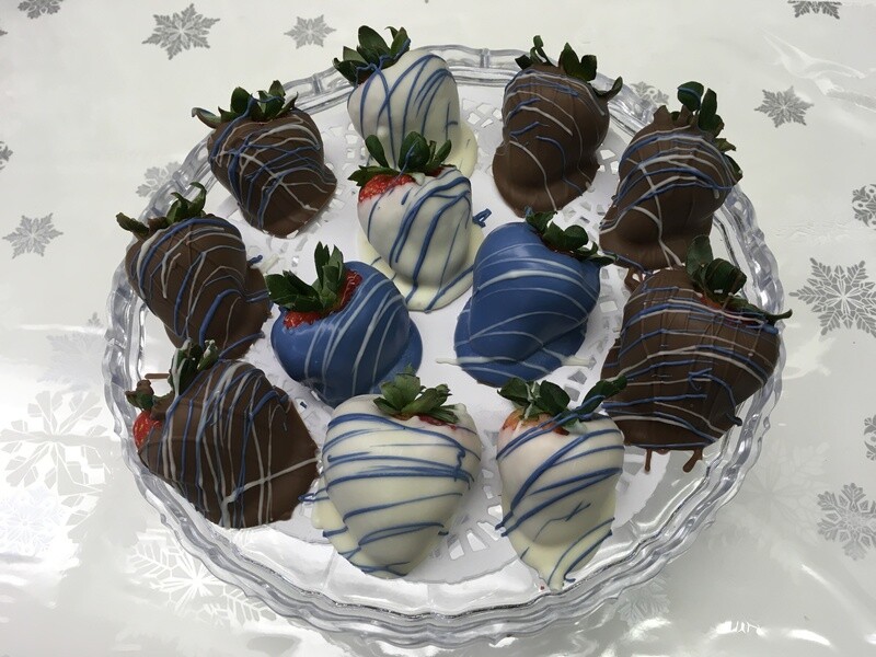 12 Hanukah Berries.  2 Blue with white string, 4 White with Blue string and 6 Milk Chocolate with blue and white string.