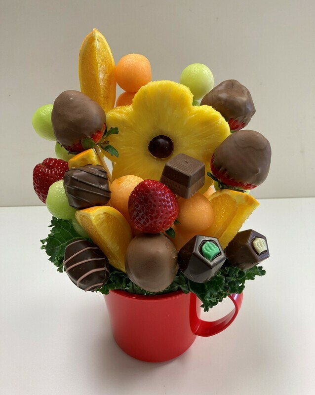 Any Occasion Bouquet with Chocolates in Soup Mug (microwavable).