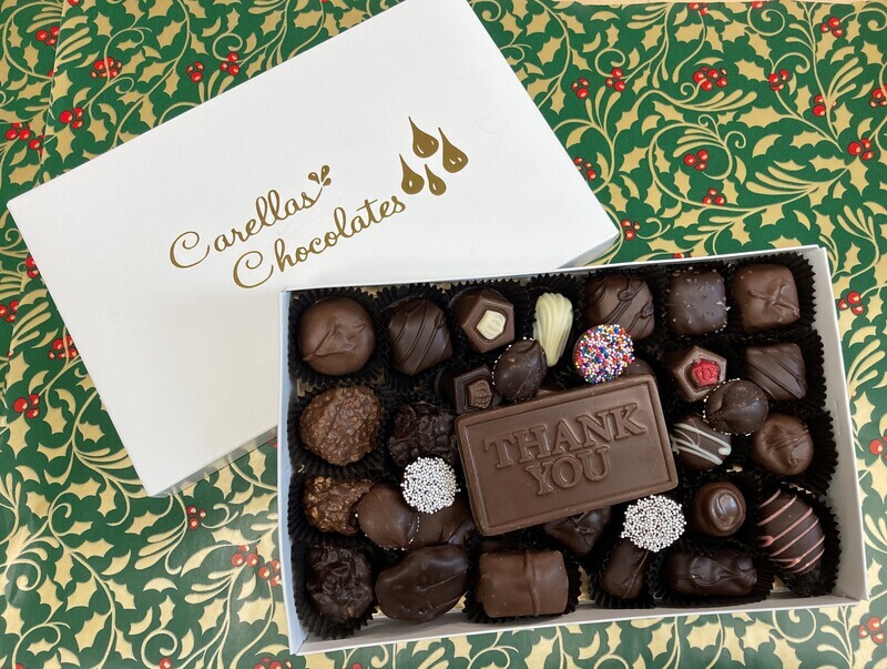 One Pound or Half Pound Box of Carella's Chocolates, wrapped with gold cord or choice of Green or Red Ribbon. Choose your Chocolate! Excellent Gift for Employees or Clients! Fall or Holiday wrap. One Pound or Half Pound Box of Carella's Chocolates, wrapped with gold cord or choice of Green or Red Ribbon. Choose your Chocolate! Excellent Gift for Employees or Clients! Fall or Holiday wrap.