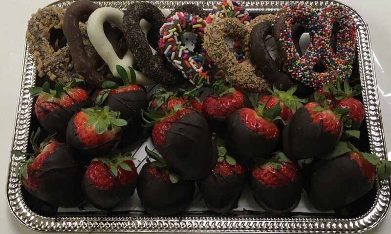 Choose your strawberry tray with a half pound of Assorted Carella's Chocolates instead of Pretzels.