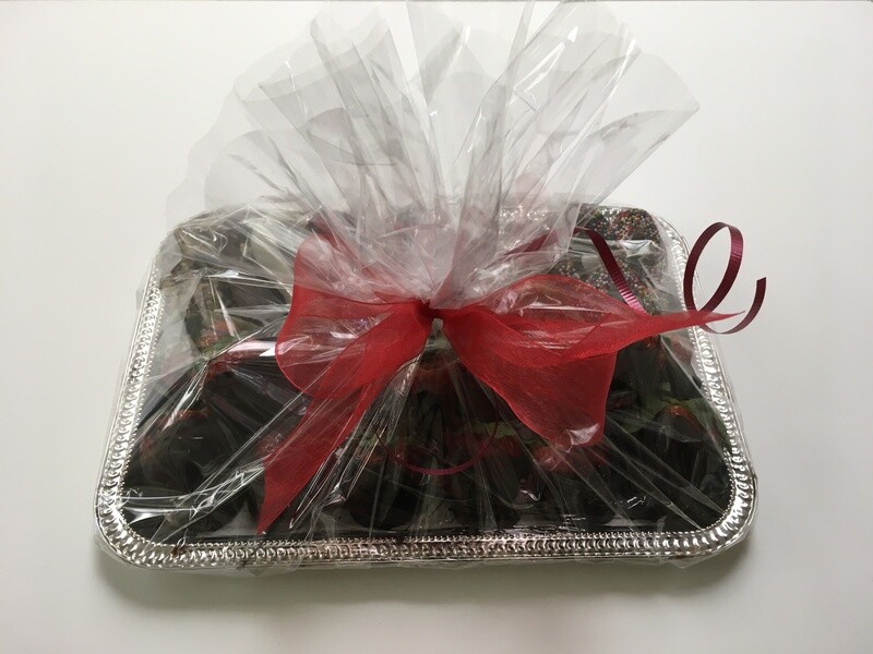 Chocolate Covered Strawberry Tray with a pound of Chocolate Covered Strawberries and a Half Pound of Assorted Chocolates.  Choose your ribbon color. Add a balloon, tell us the Occassion.
