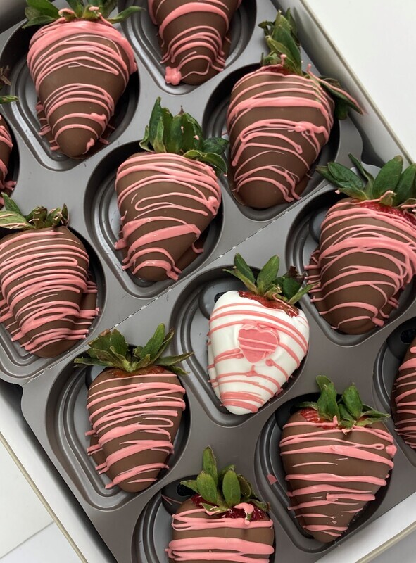 Mothers Day Strawberries. Choice of Milk or Dark with one White with Chocolate pink heart.