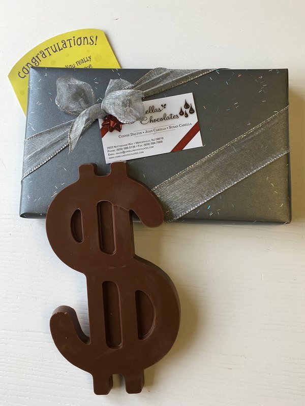 Boxed and Wrapped 1/2 Lb. Chocolate Dollar Sign. Peanut &amp; Gluten Free.  Approx. 6"x4".