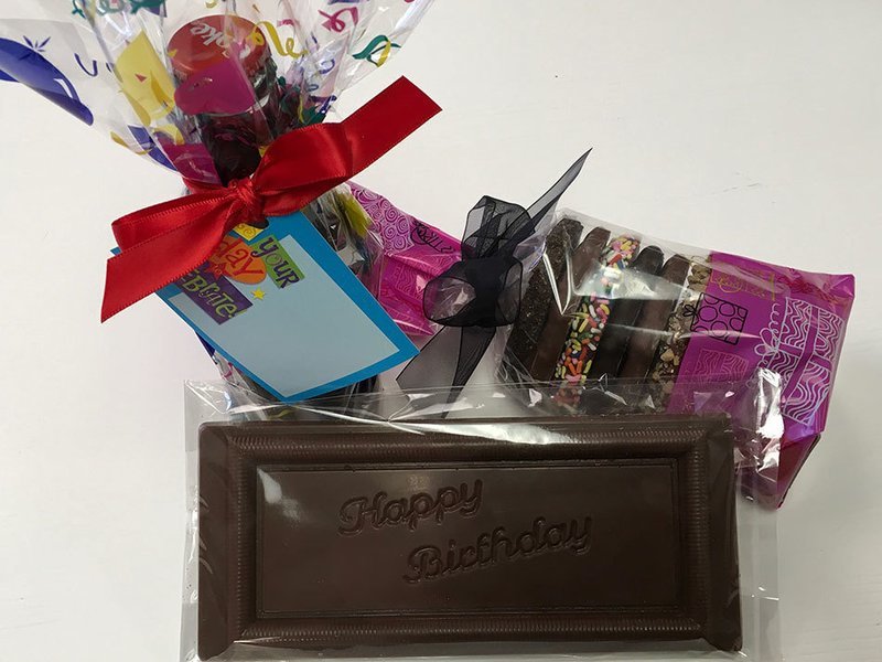 Happy Birthday Chocolates.  Milk Chocolate HB Bar, Gourmet Pretzels and Chocolate Covered Coke 8 oz.