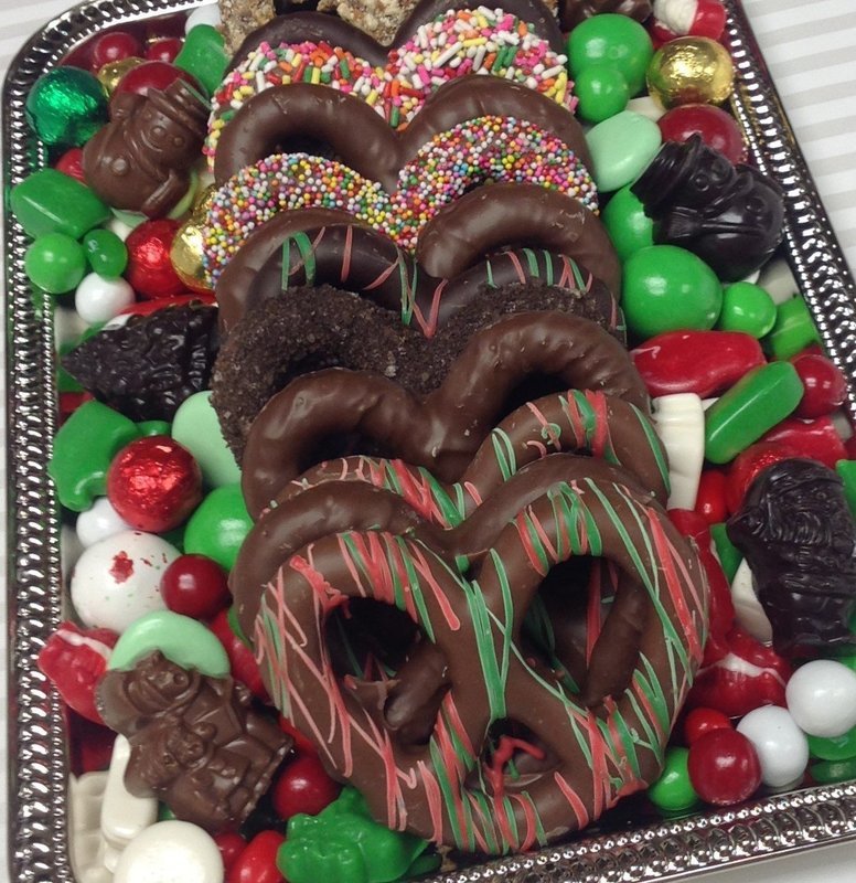 Assorted 3 Ring Pretzel Tray with Holiday Mix Wrapped.