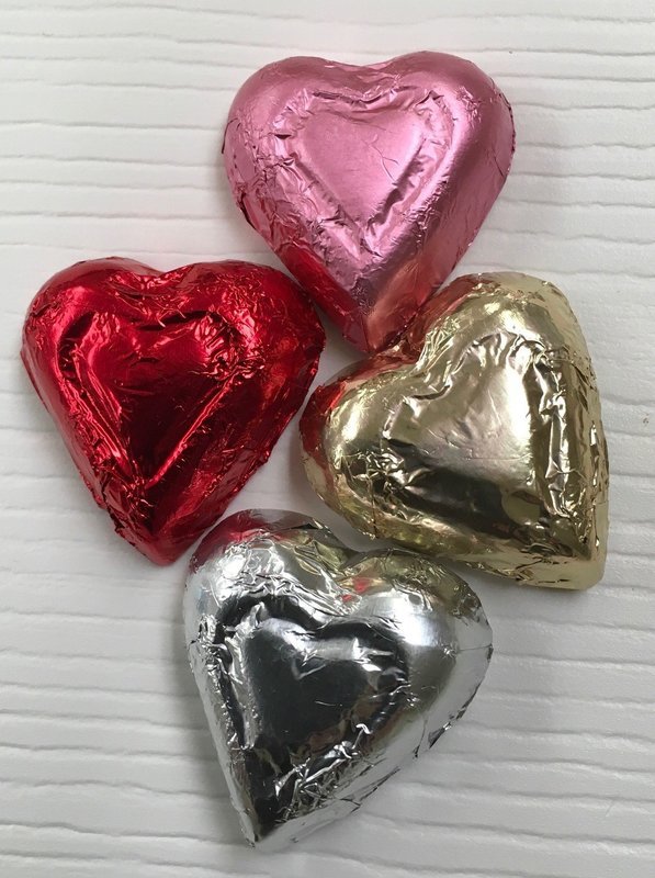 Milk Chocolate Hearts.  Choose Colors.  (approx. 50 in pound) may contain traces of peanuts