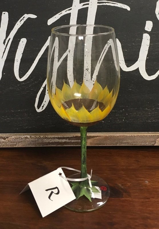Hand Painted Sunflower Wine Glass.  19" tall, 19 oz.