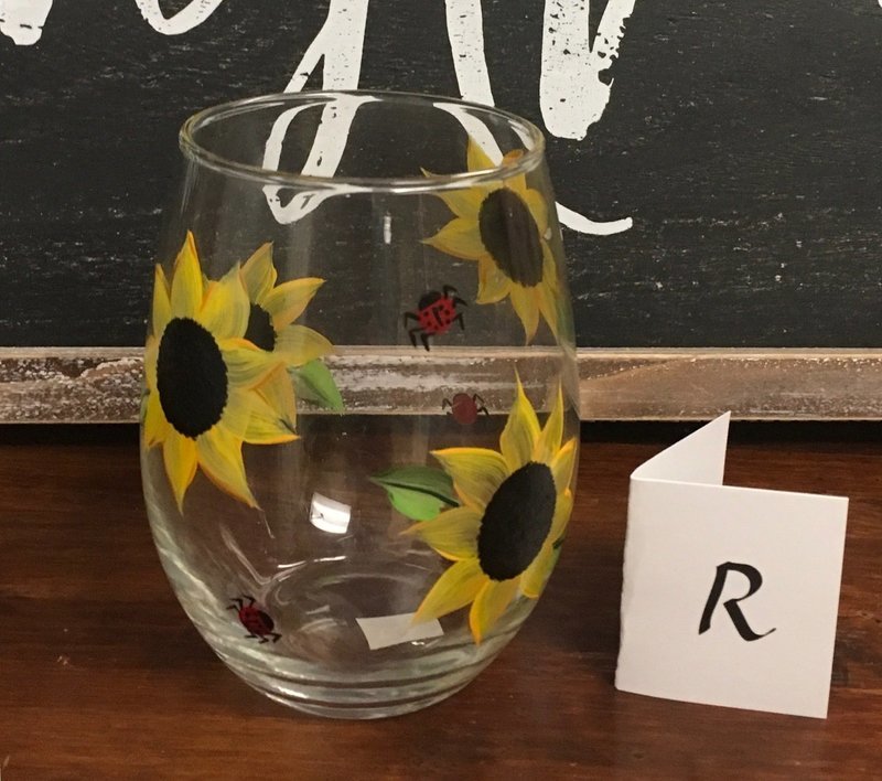 Stemless Sunflower Wine Glass.  5" tall, 21 oz. Hand Painted.