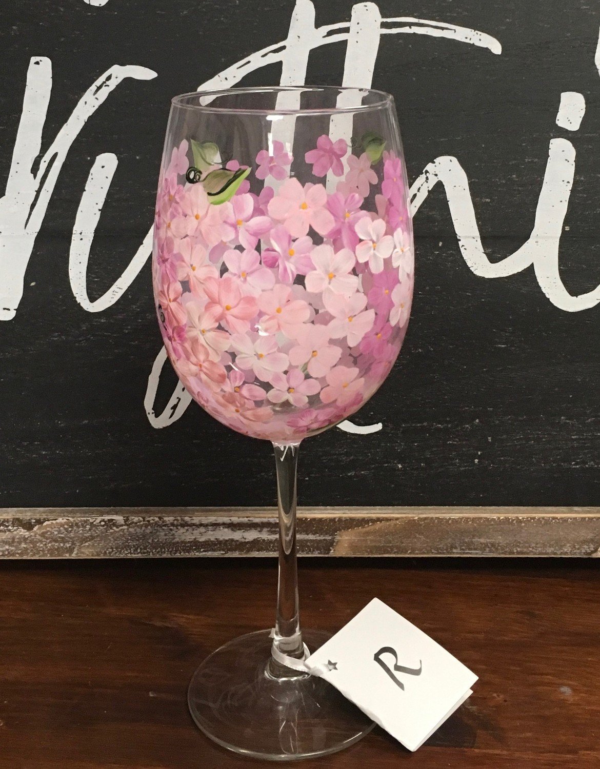 Pink Hydrangea 9" tall, 19 ox. Wine Glass. Hand Painted