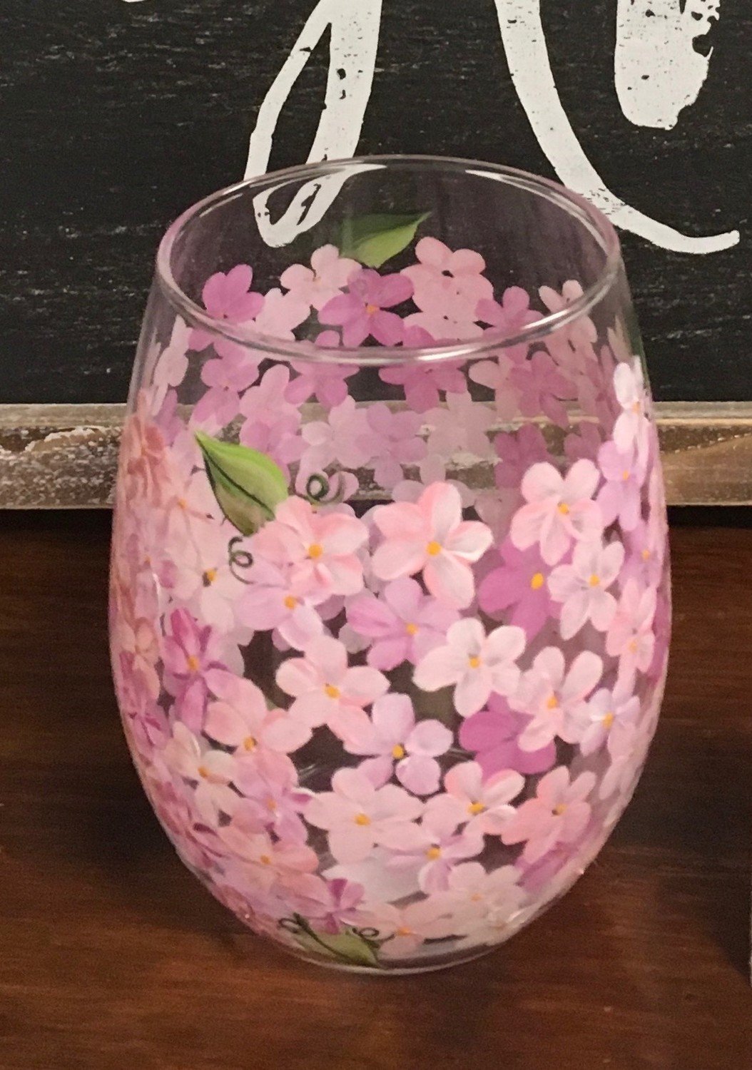 Pink Hydrangea Stemless 5" tall, 21 oz. Wine Glass. Hand Painted