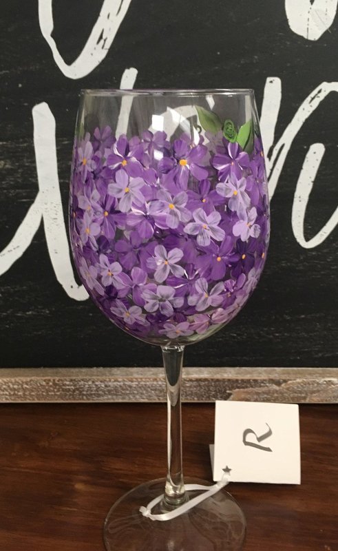 Lavendar Wine Glass. 9" tall, 19 oz.  Hand Painted