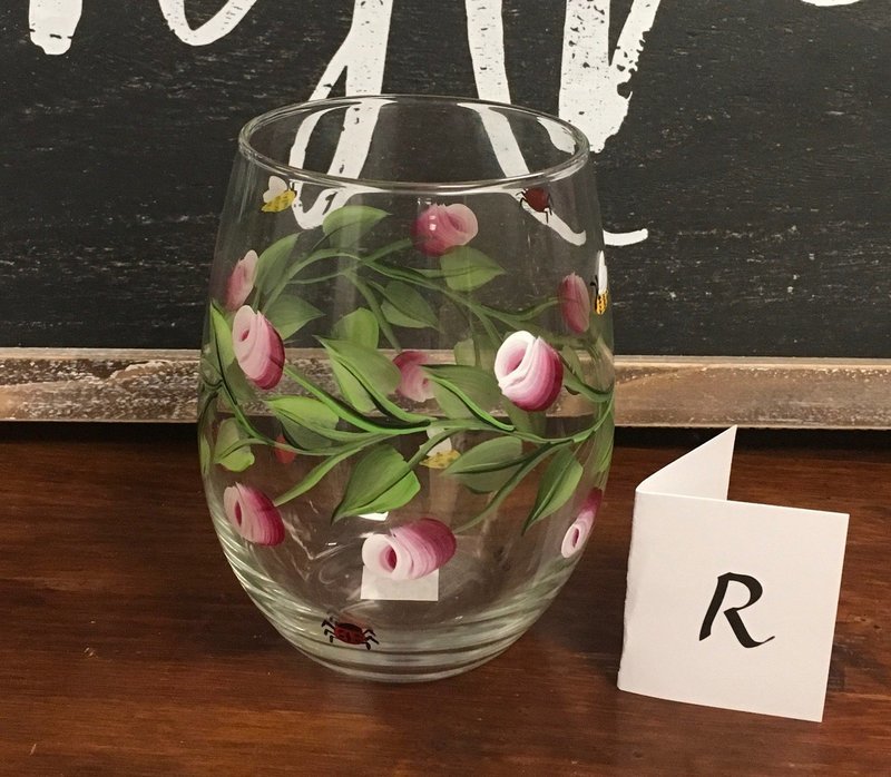 Rose Stemless Wine Glass. 5" tall, 21 oz. Hand Painted