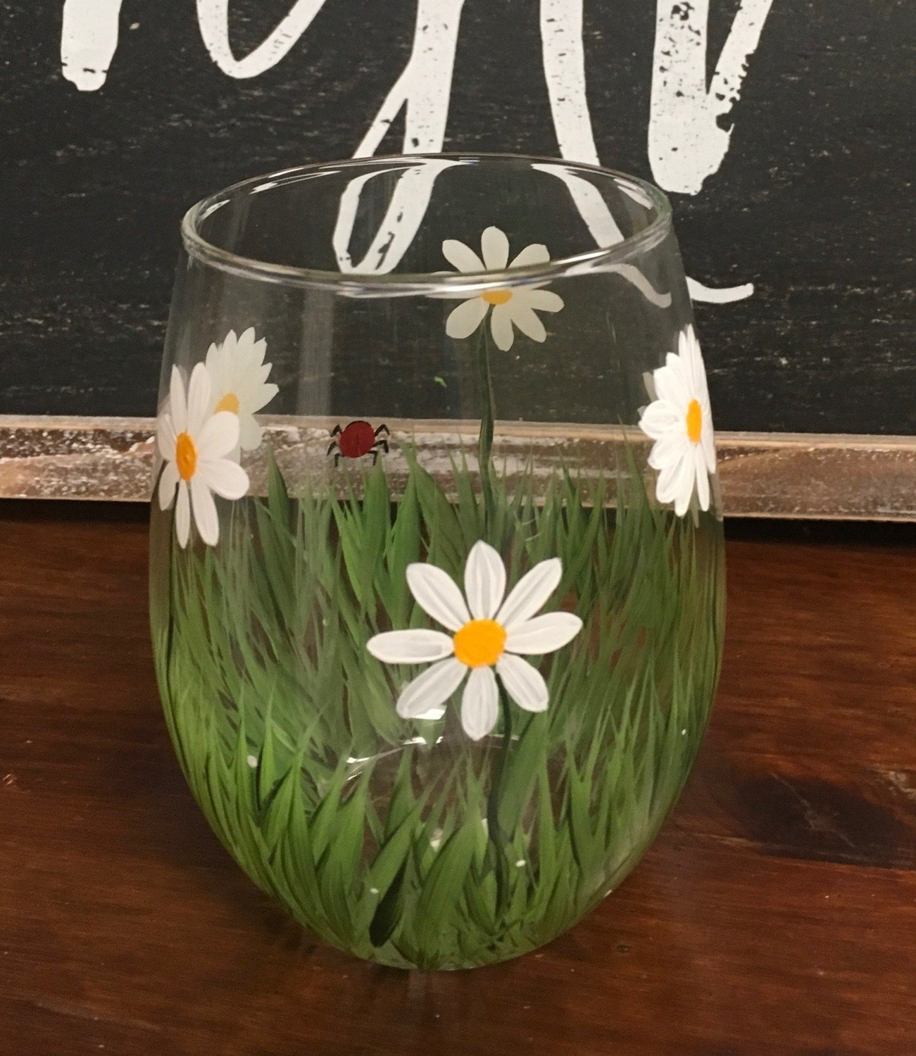 Daisy Stemles Wine Glass. 5"tall, 21 oz. Hand Painted