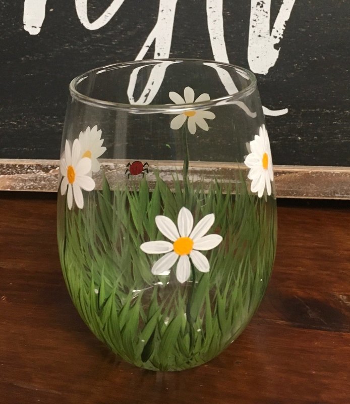 Daisy Stemles Wine Glass. 5"tall, 21 oz. Hand Painted