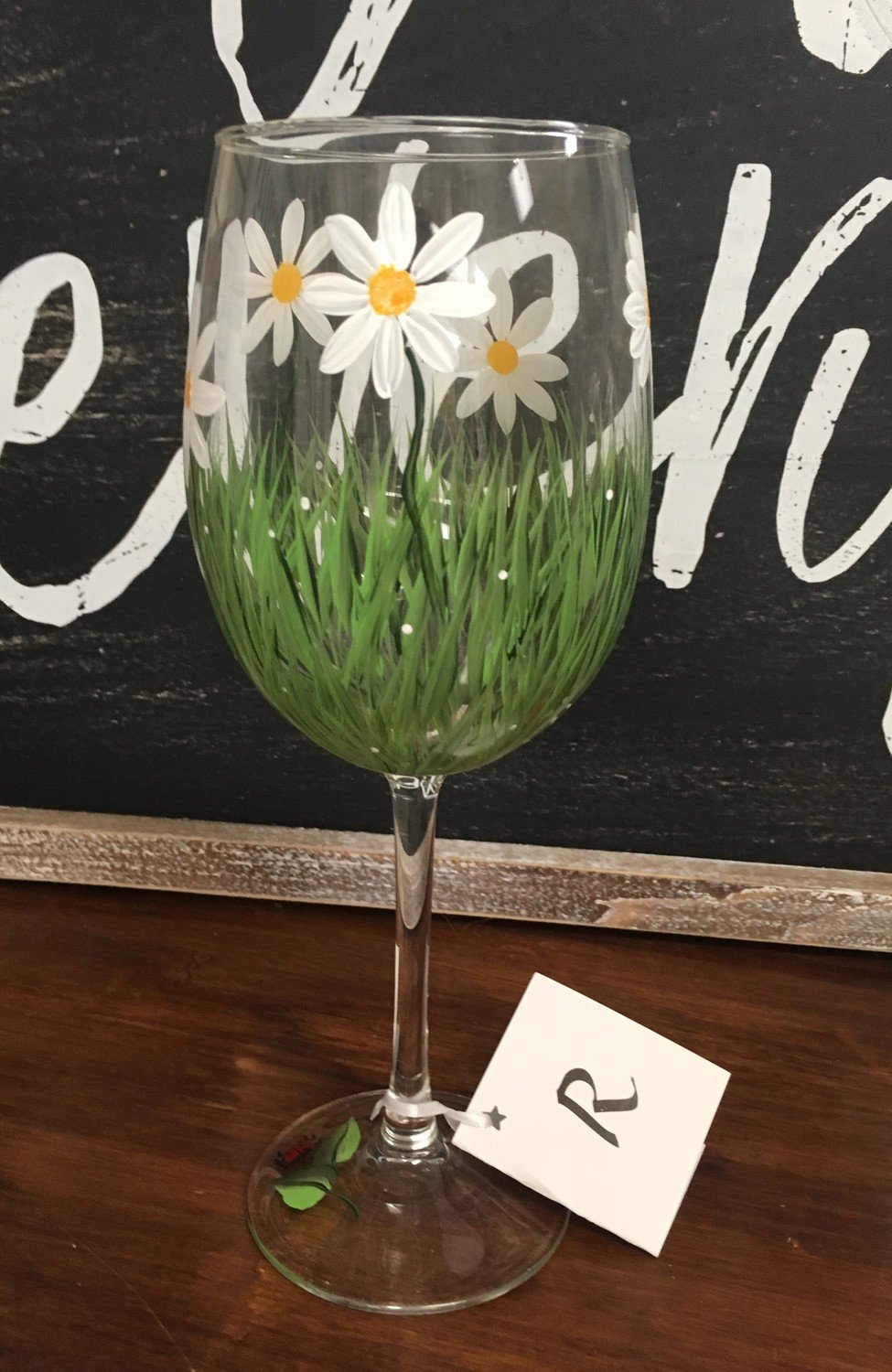 Daisy Wine Glass. 9" tall, 19 oz.  Hand Painted