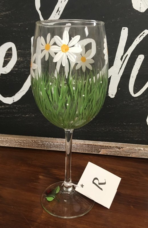 Daisy Wine Glass. 9" tall, 19 oz.  Hand Painted