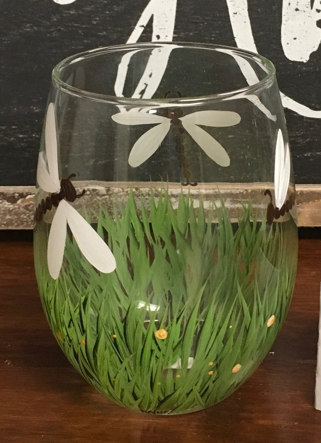 Dragonfly Stemless Wine Glass.  5" tall, 21 oz. Hand Painted